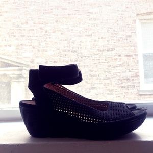 Clark's black suede peep toe wedge sandal